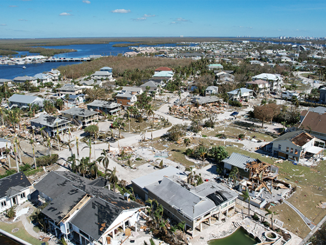 Aerial view of hurricane damage to coastal community where LDR provided emergency dumpster services for debris cleanup after Hurricane Beryl
