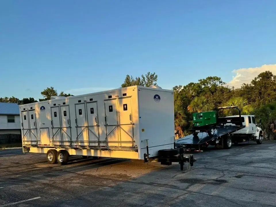 LDR Site Services delivering portable restroom trailer for emergency site support after Hurricane Helene.