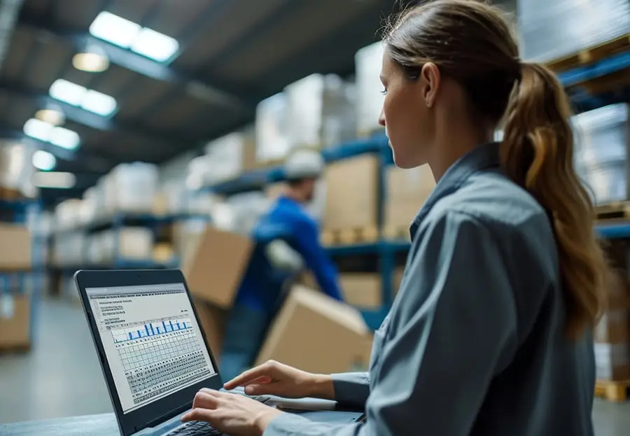 Woman in warehouse on a laptop with man moving boxes in background.