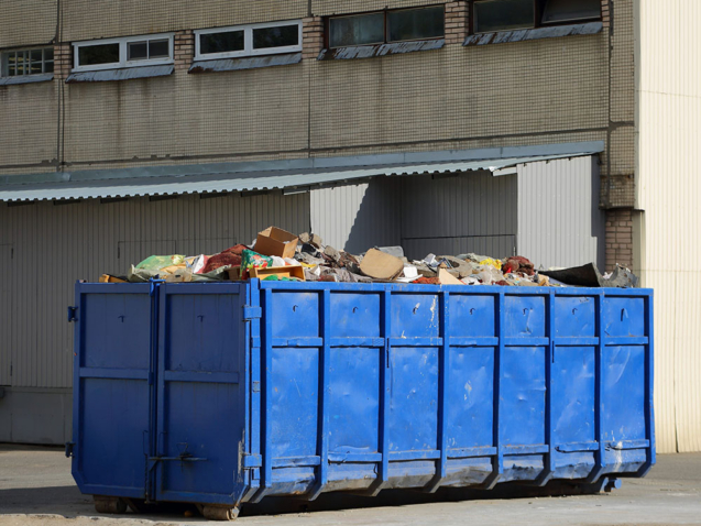 A large metal blue dumpster near the wall of the house