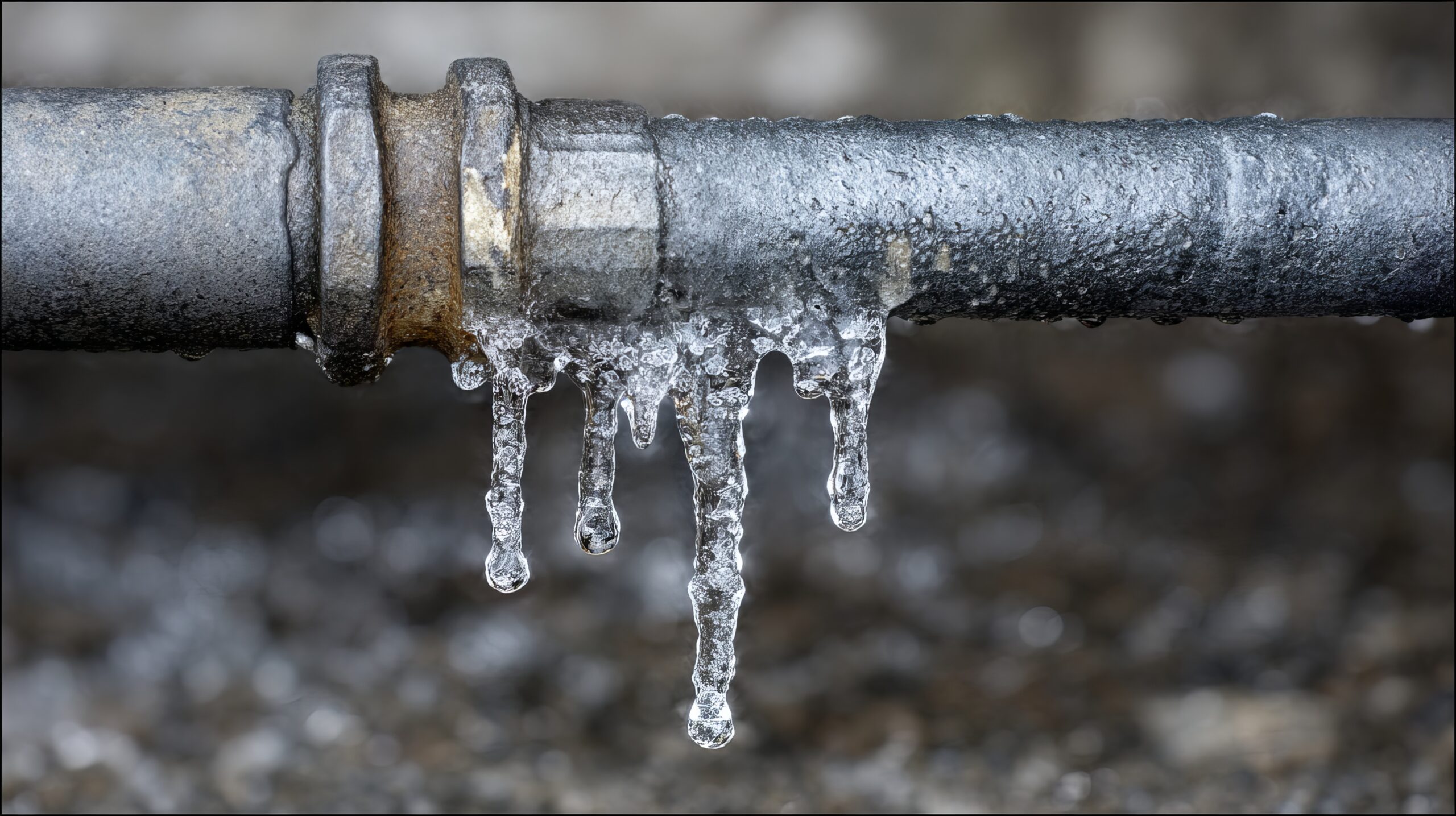 Icicles forming on frozen metal pipe joint at risk of freezing and bursting in cold weather