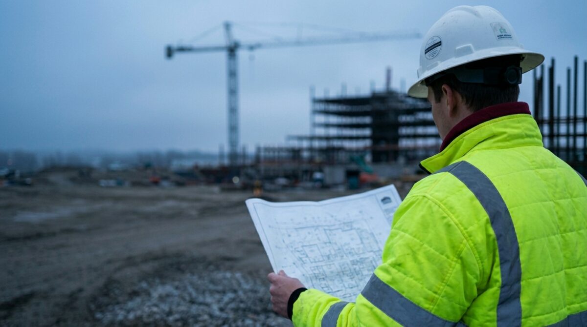 Construction manager reviewing plans on a large jobsite