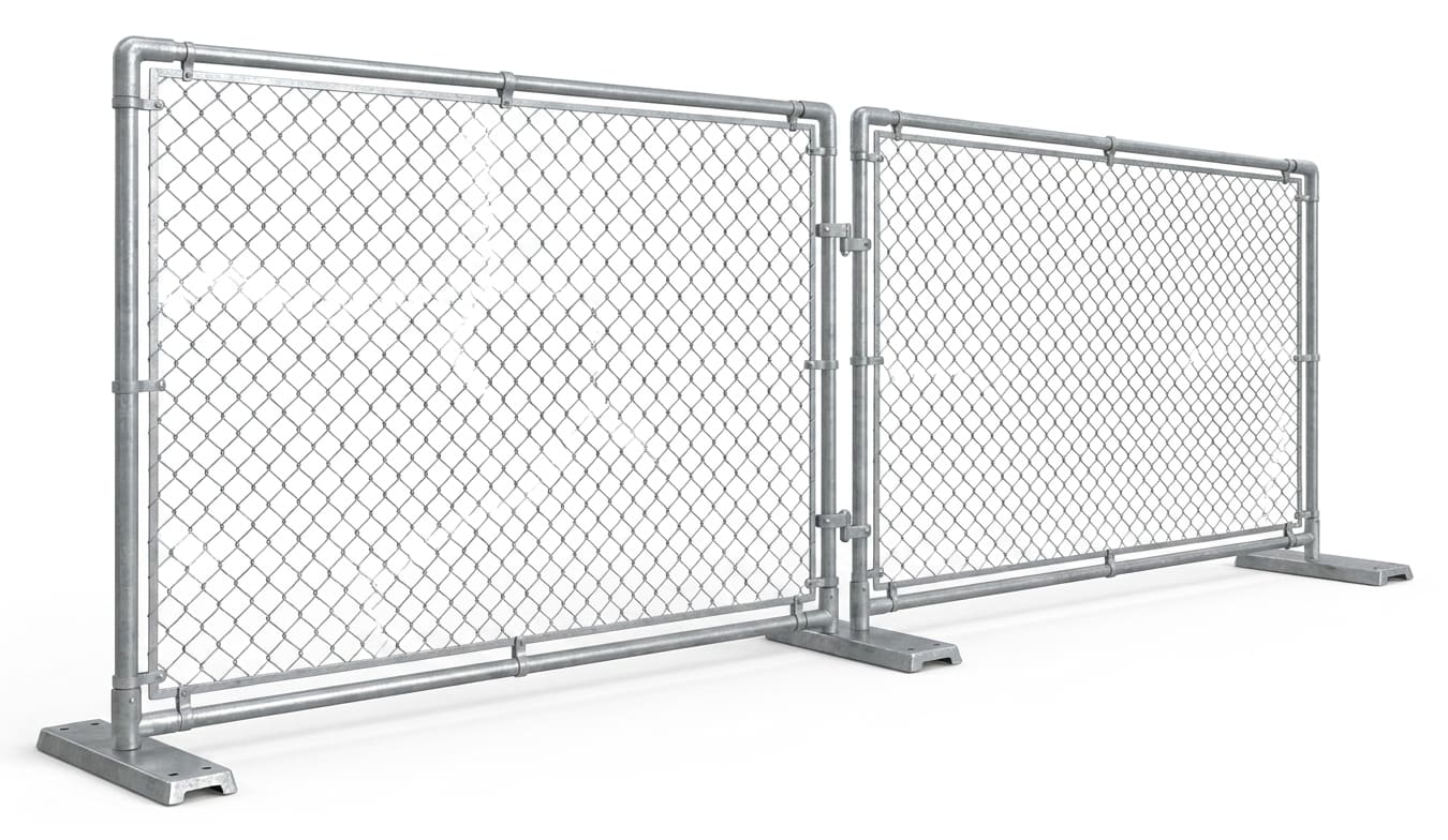 A temporary chain-link fence panel on free-standing feet