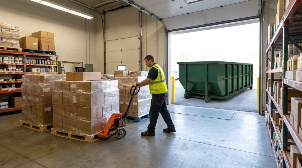 Palletized product staged for removal at a retail dock, with a roll-off dumpster waiting outside.