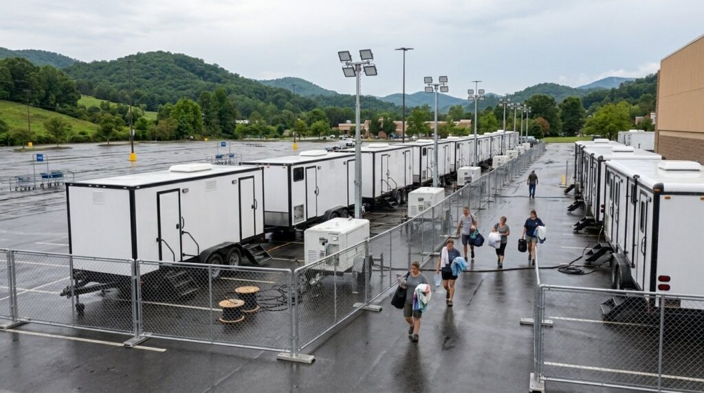Rows of restroom, shower and laundry trailers at a temporary community care site in a retail parking lot.