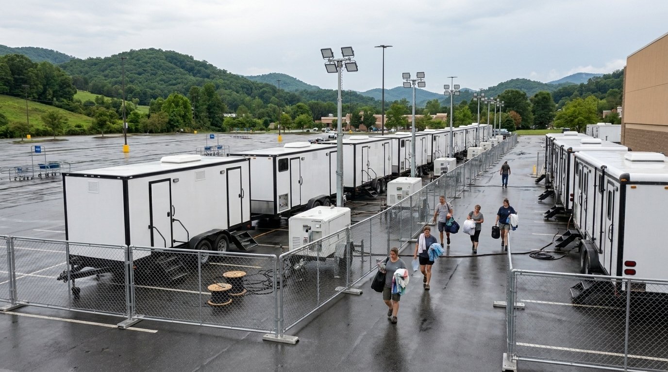 Rows of restroom, shower and laundry trailers at a temporary community care site in a retail parking lot.