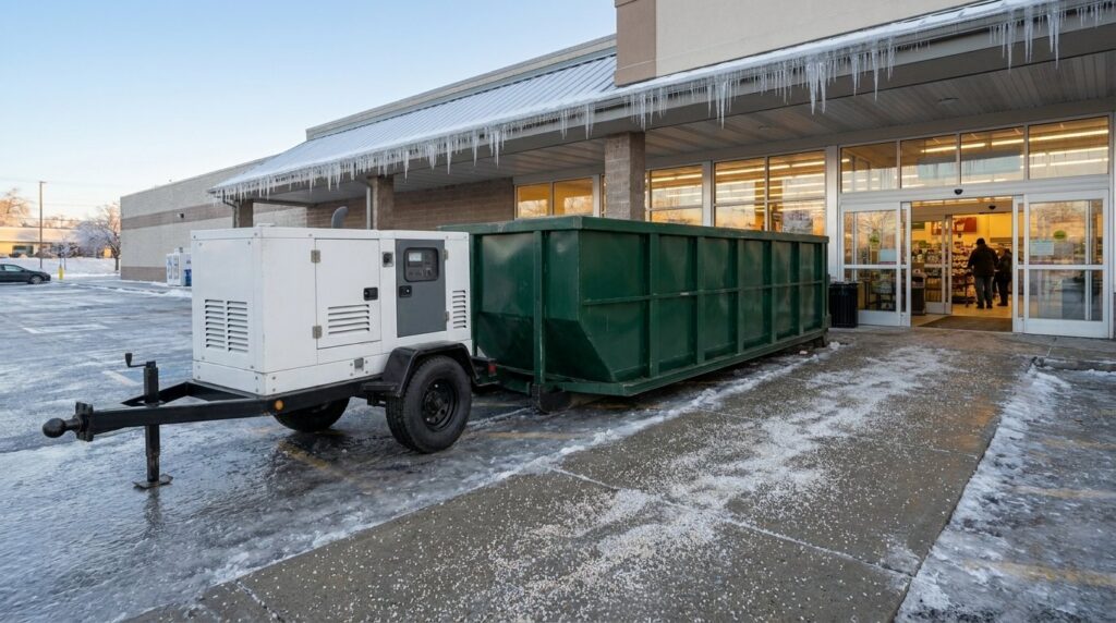 A roll-off dumpster and generator staged at a grocery store entrance after an ice storm.