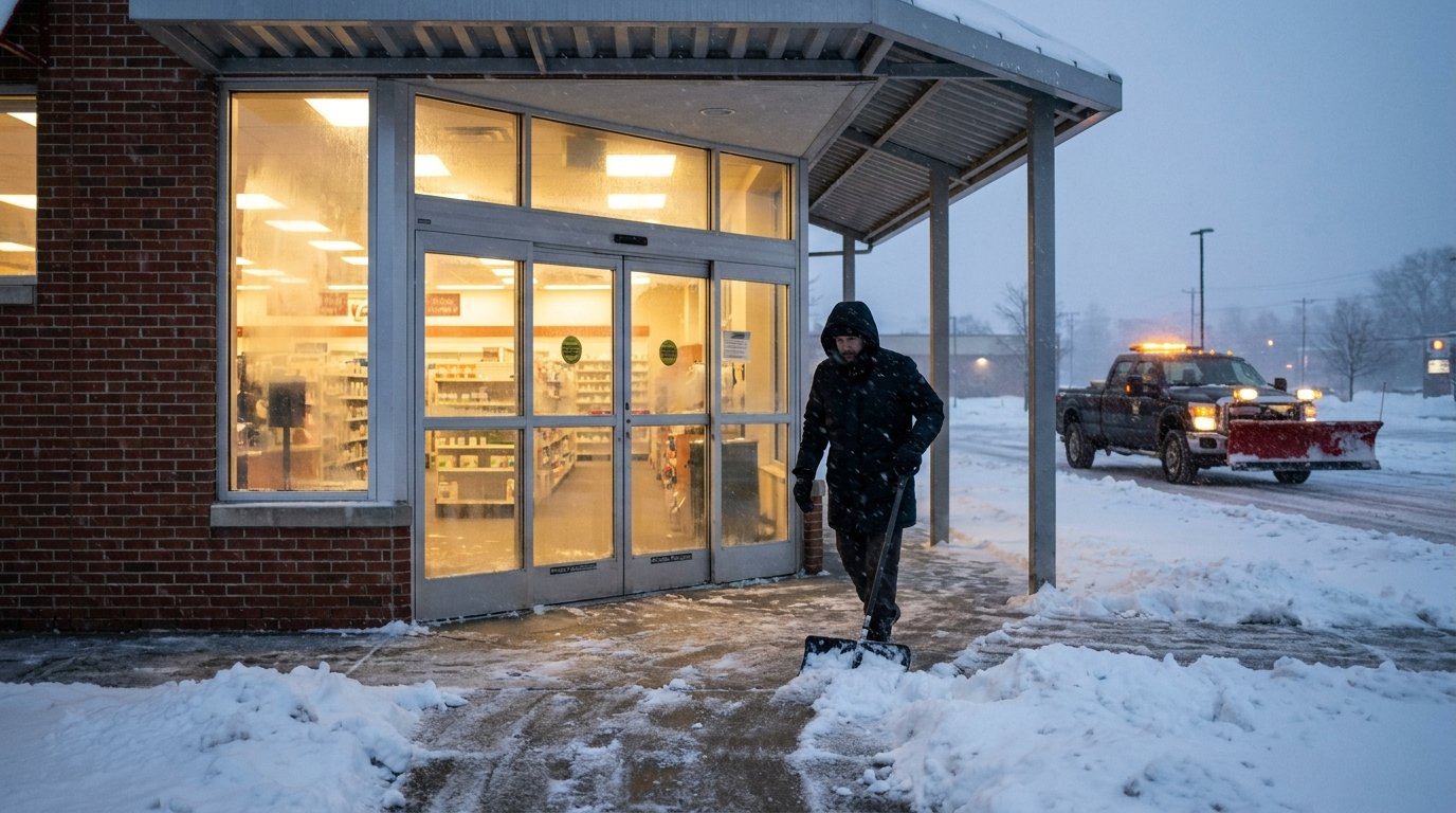 A pharmacy entrance with the walkway cleared and salted during a snowstorm.
