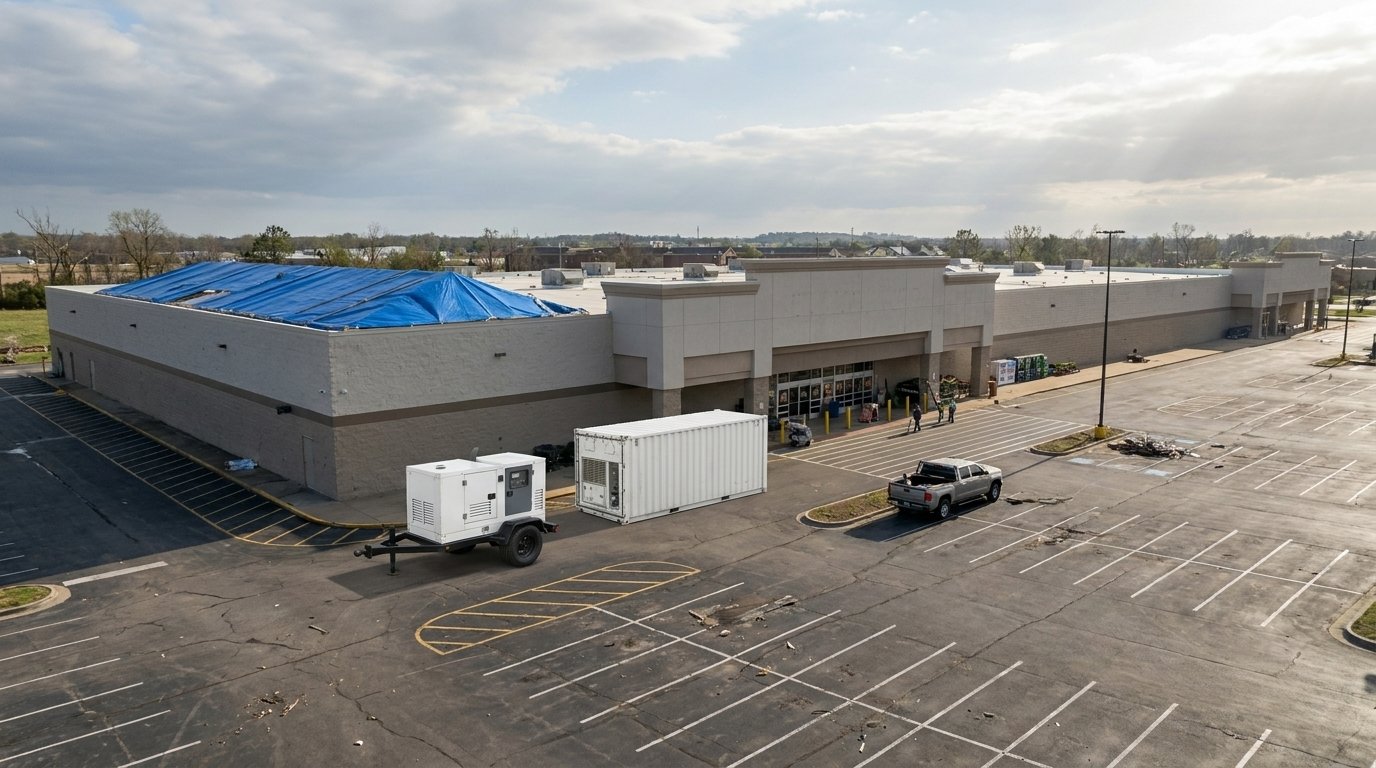 A generator and refrigerated container staged at a big-box store during roof repairs after a tornado.