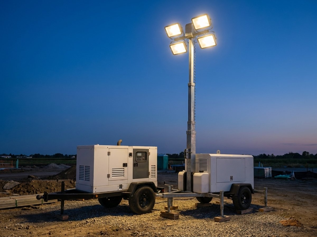 A towable diesel generator and an LED light tower with its mast raised at dusk.