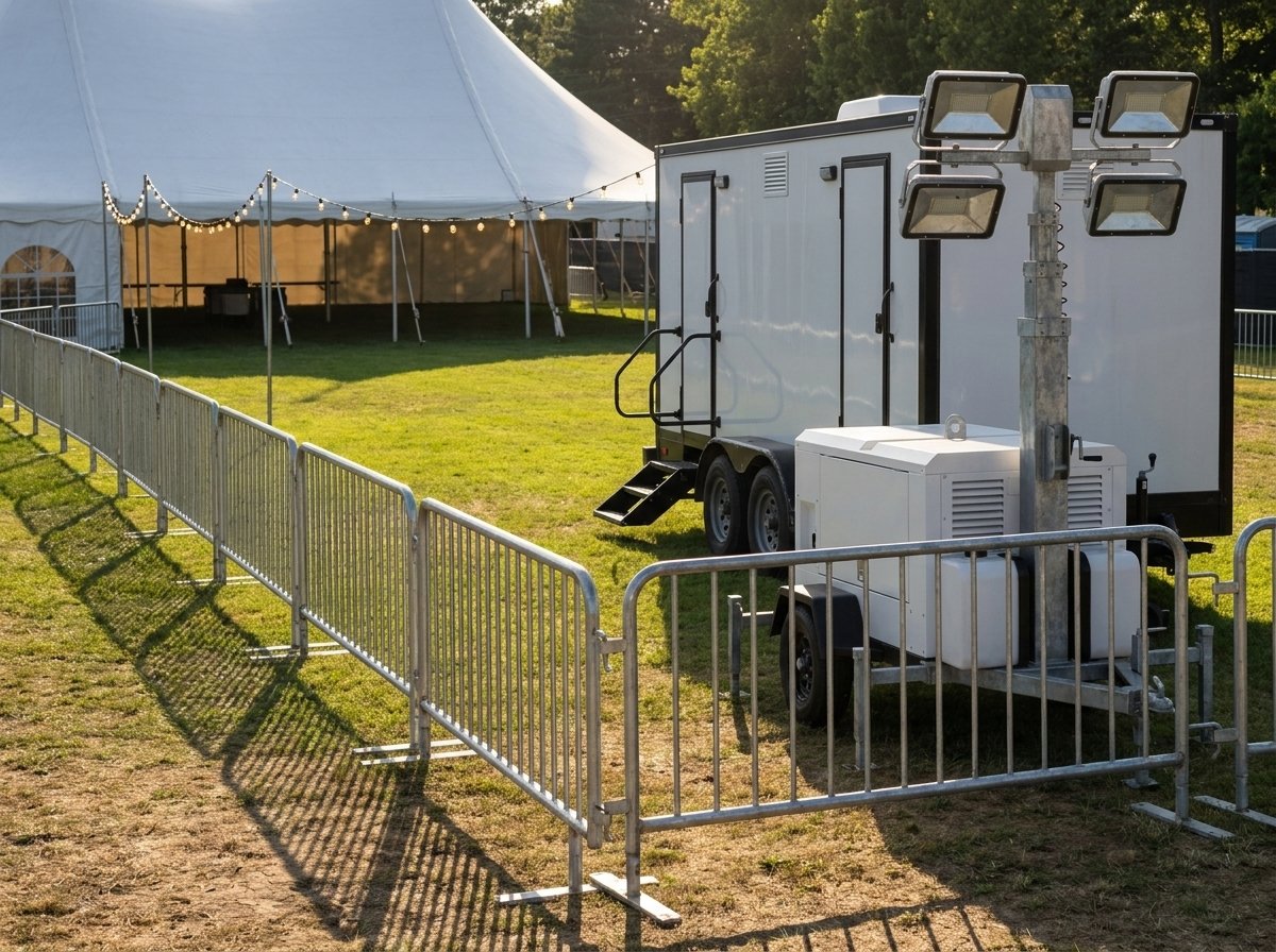 A pedestrian barricade run, restroom trailer and light tower staged at an outdoor event venue.