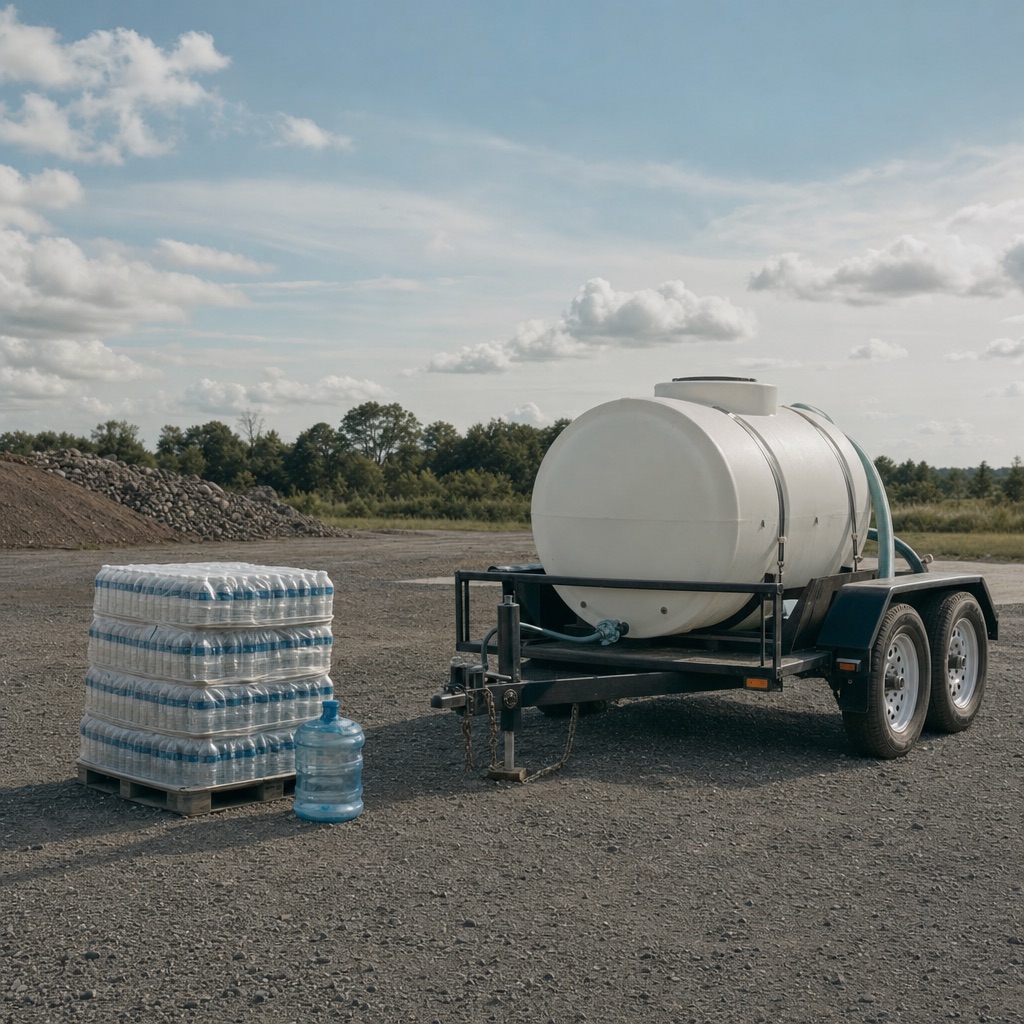 A trailer-mounted water tank and palletized bottled water staged at a jobsite laydown area