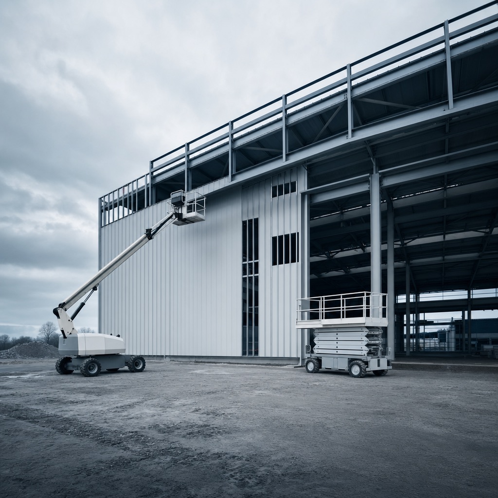 A boom lift and a scissor lift staged on level ground beside a steel-frame building