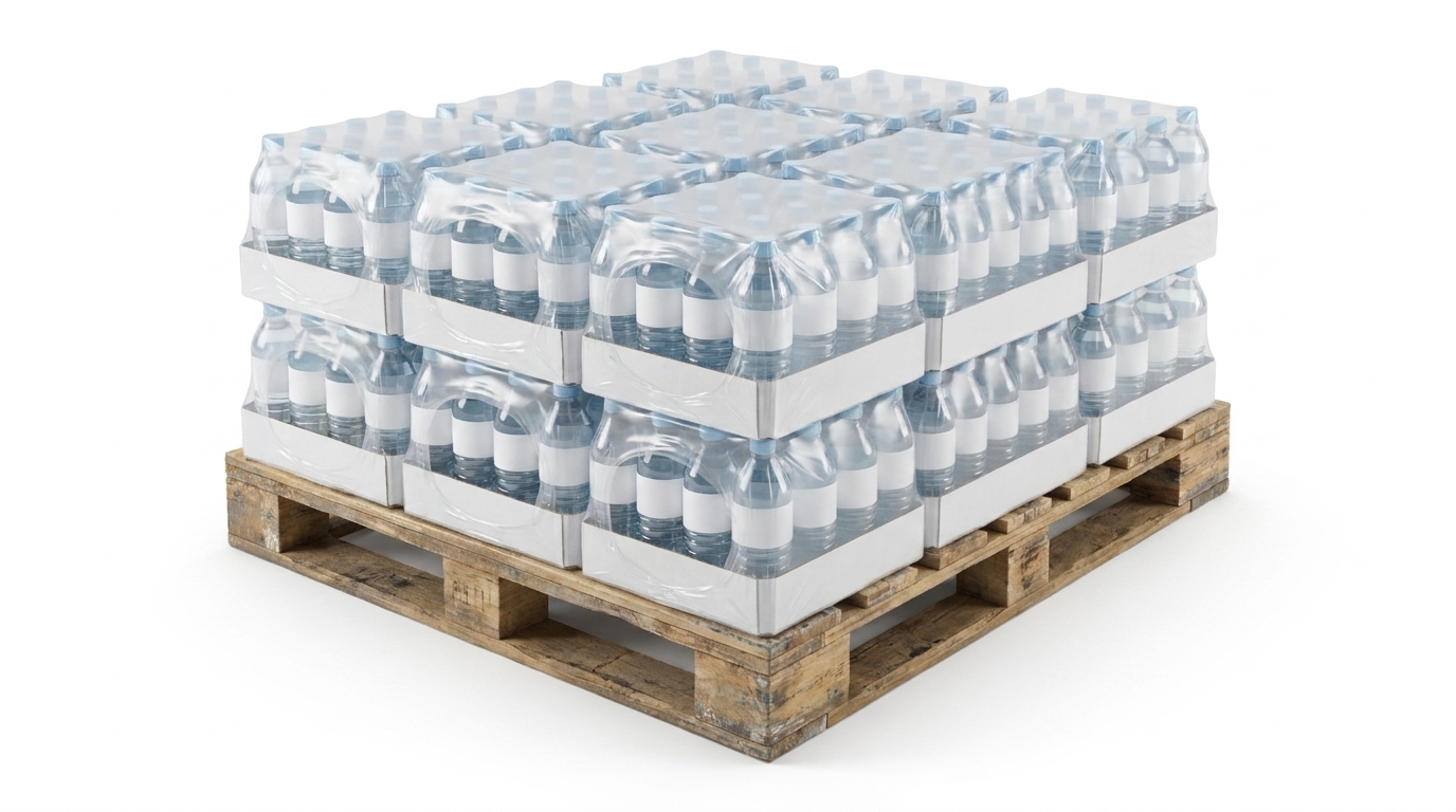 A shrink-wrapped pallet of bottled water cases
