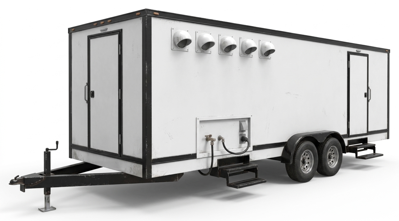 A mobile laundry trailer with commercial washer and dryer pairs