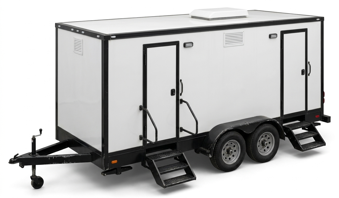 A towable restroom trailer with separate entry doors