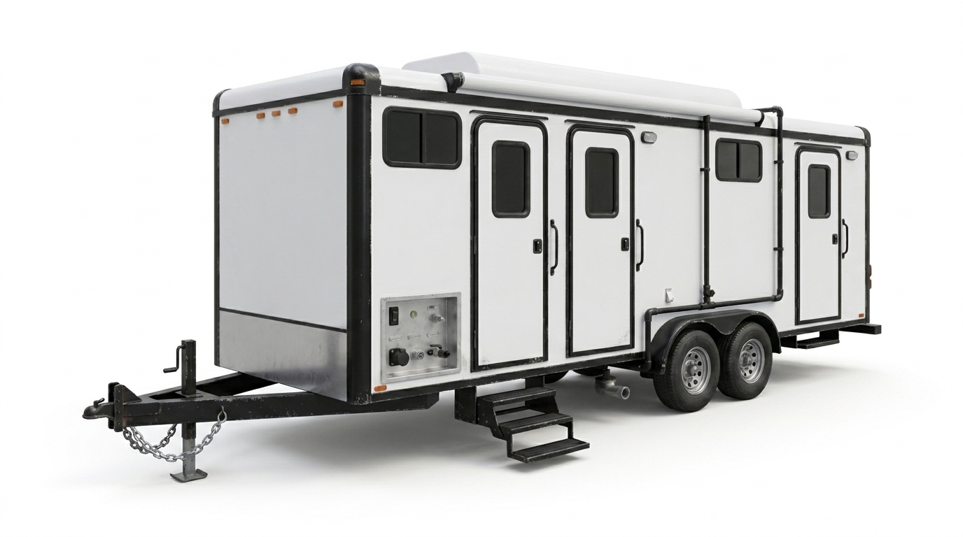 A towable shower trailer with multiple stall doors