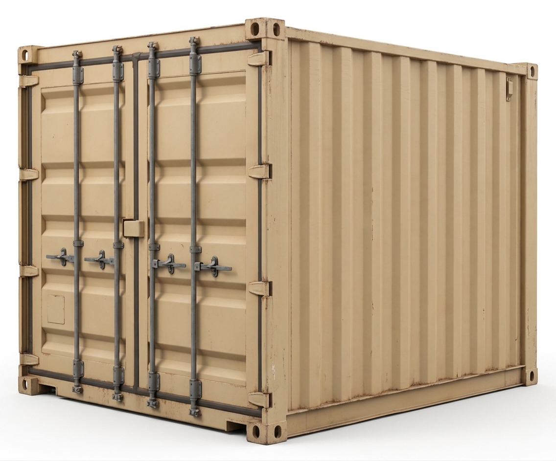 A 10-foot steel storage container