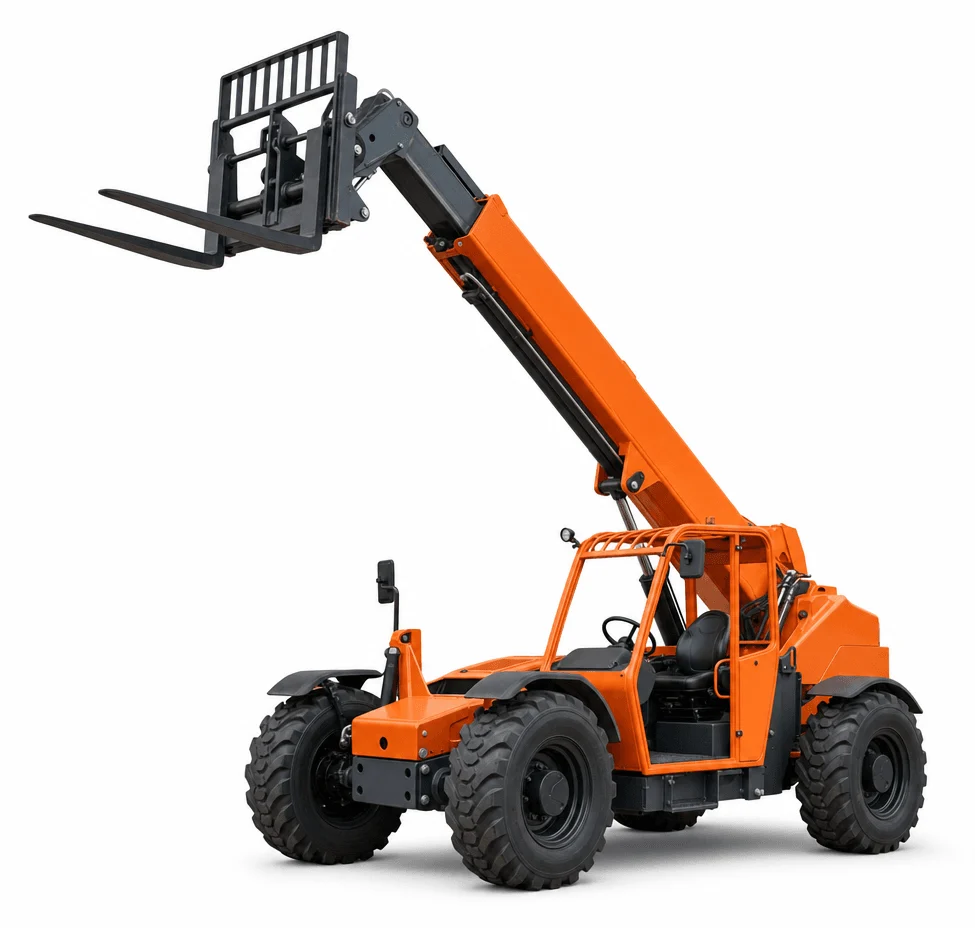 A rough-terrain telehandler with pallet forks