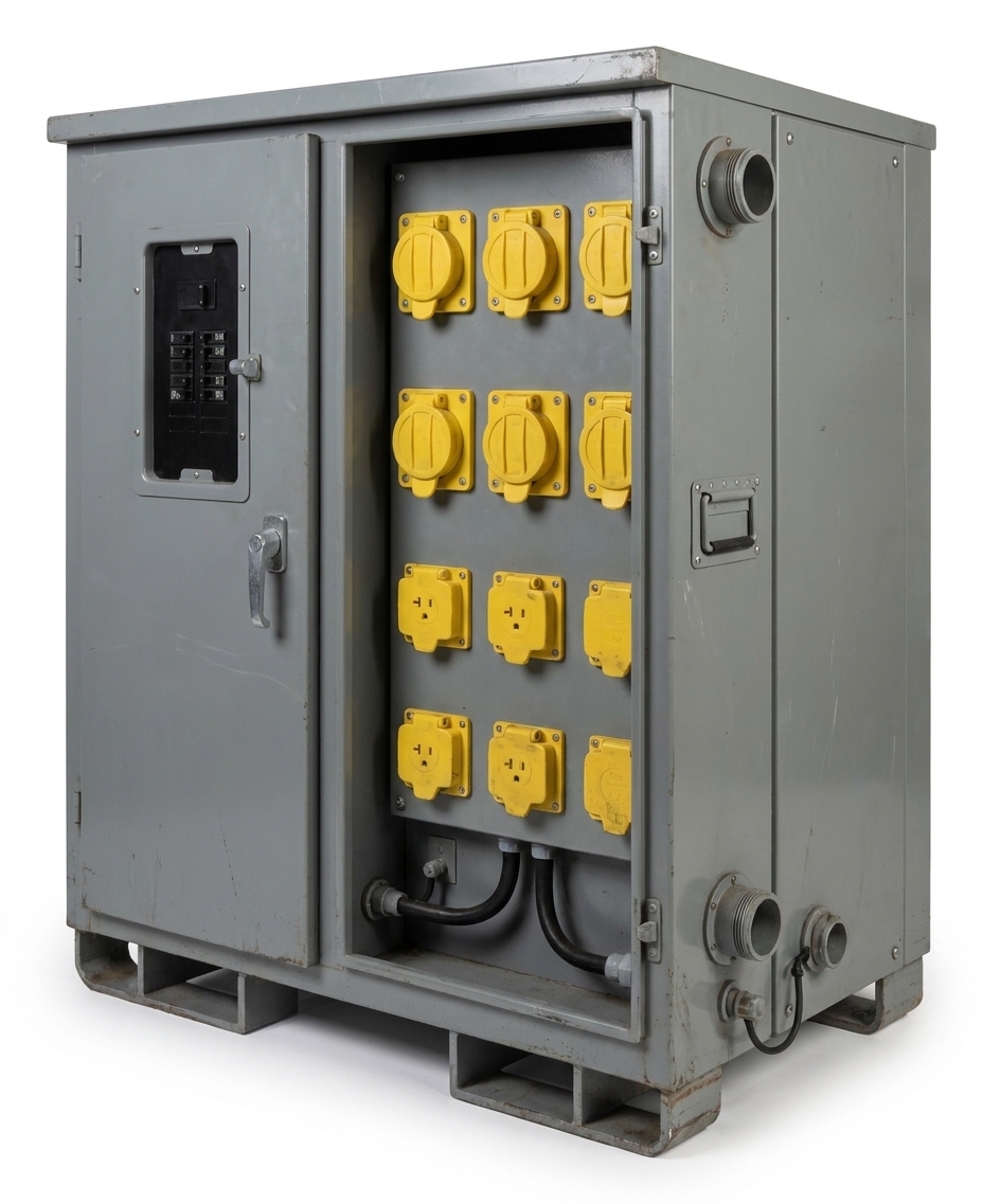 A temporary power distribution spider box with cabling