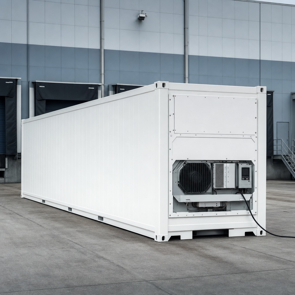 A refrigerated container with its cooling unit and power cable, set at ground level beside a distribution facility