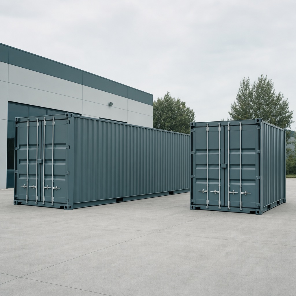 Two ground-level steel storage containers set on a paved commercial lot
