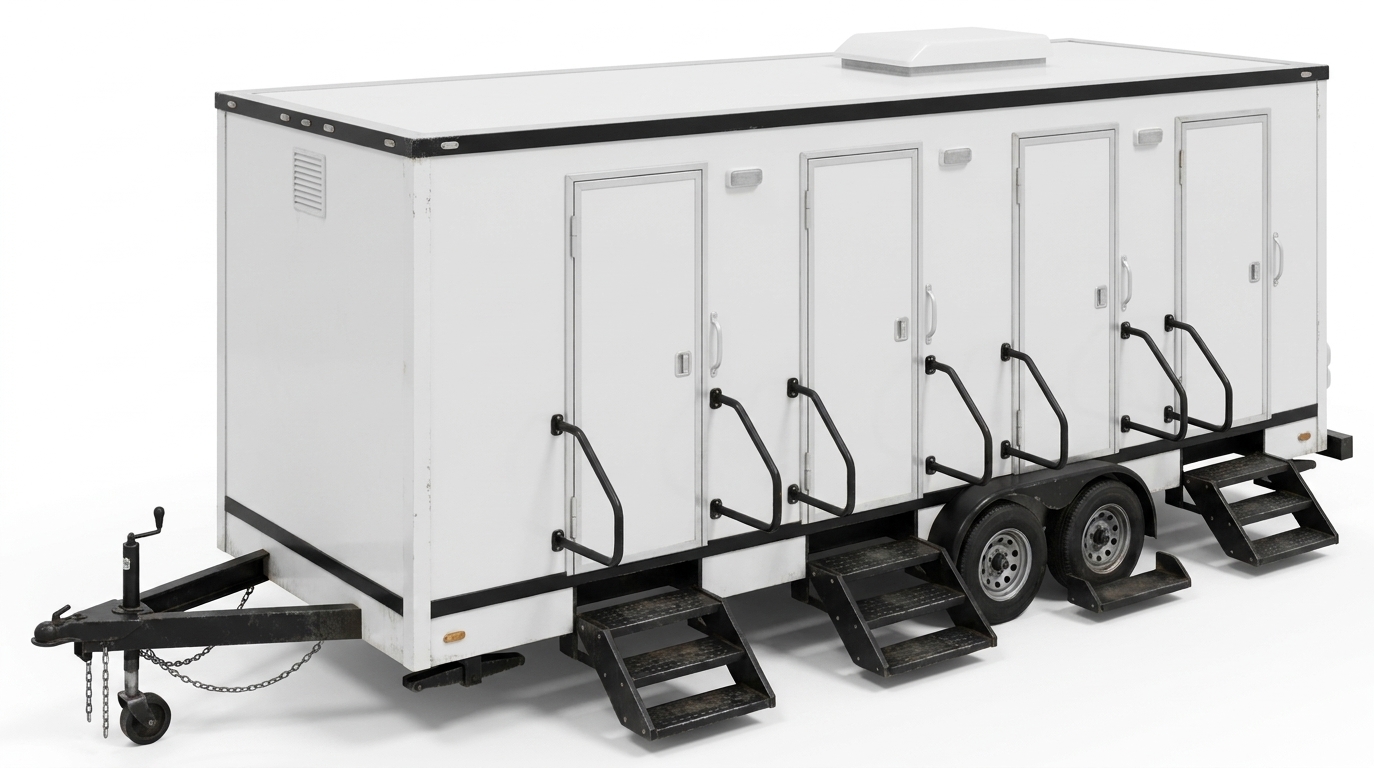 A 5-station restroom trailer with a row of entry doors