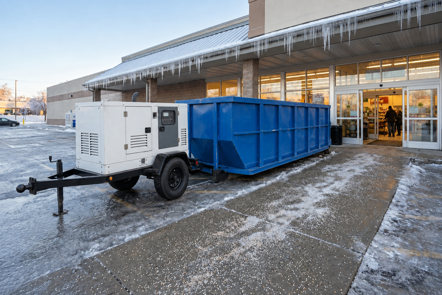 A roll-off dumpster and generator staged at a grocery store entrance after an ice storm.