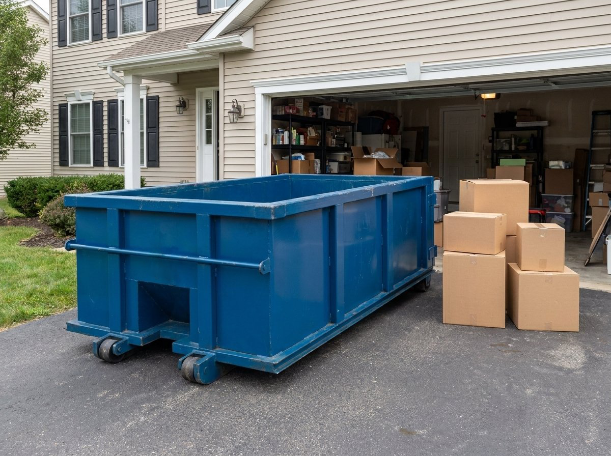A compact 10-yard roll-off dumpster on a residential driveway during a garage cleanout.