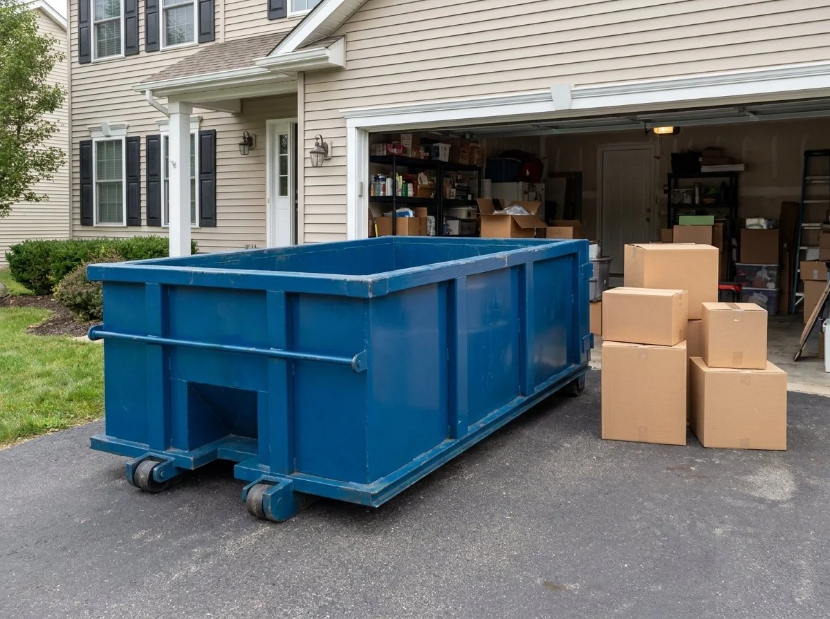 A compact 10-yard roll-off dumpster on a residential driveway during a garage cleanout.