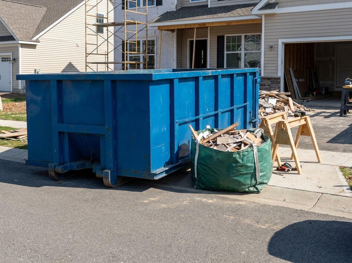 A 15-yard roll-off dumpster at the curb of a home renovation.