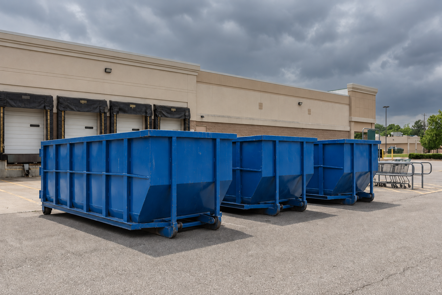 Empty roll-off dumpsters staged in a row behind a grocery store ahead of a storm.