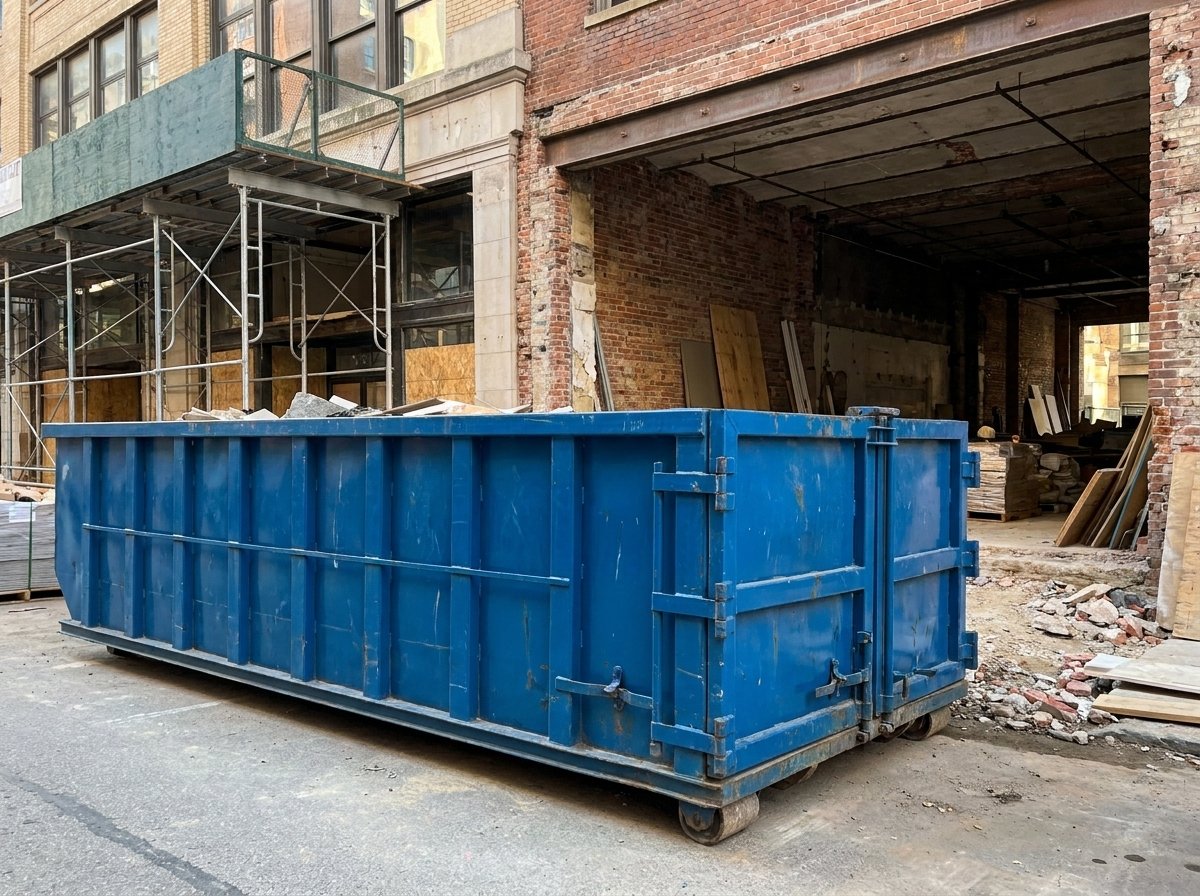 A 30-yard roll-off dumpster with a rear swing door at a commercial renovation site.