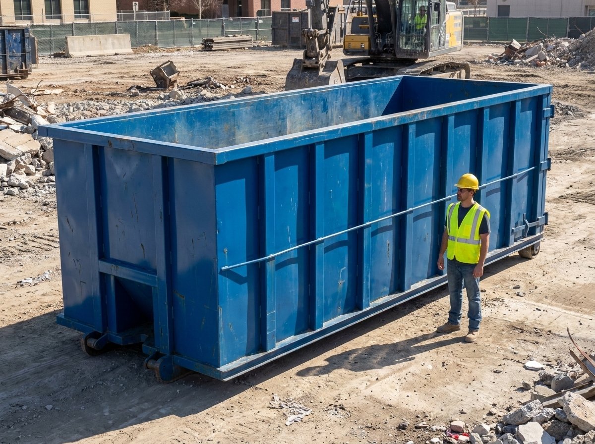 A 40-yard roll-off dumpster, the largest box in the fleet, at a demolition site.