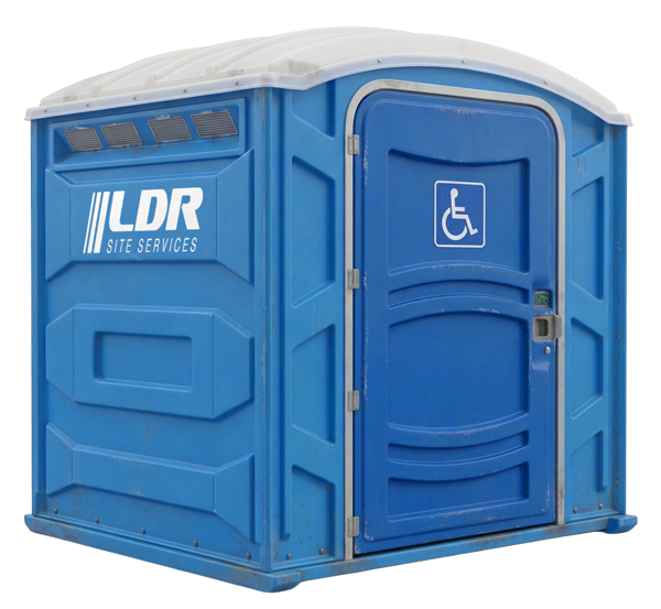 A wide ADA-accessible portable restroom with a wheelchair-accessibility placard