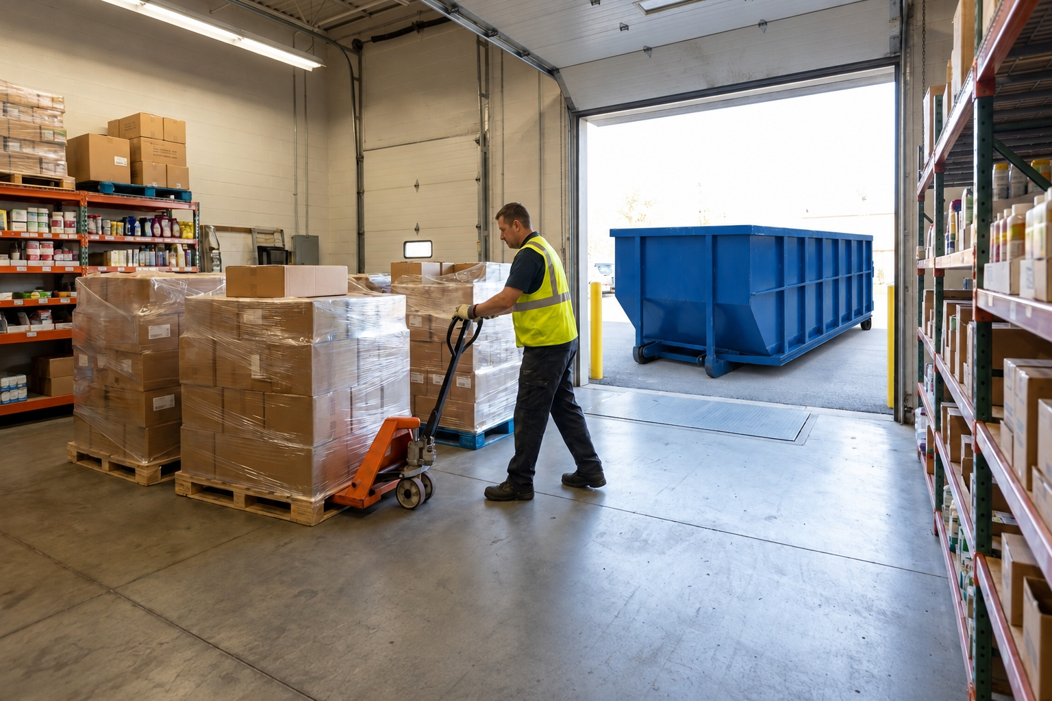 Palletized product staged for removal at a retail dock, with a roll-off dumpster waiting outside.