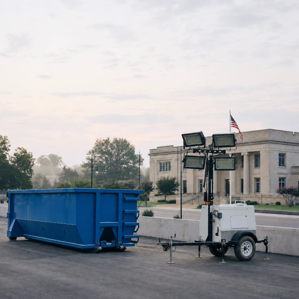 A roll-off dumpster and light tower staged at a municipal public-works yard
