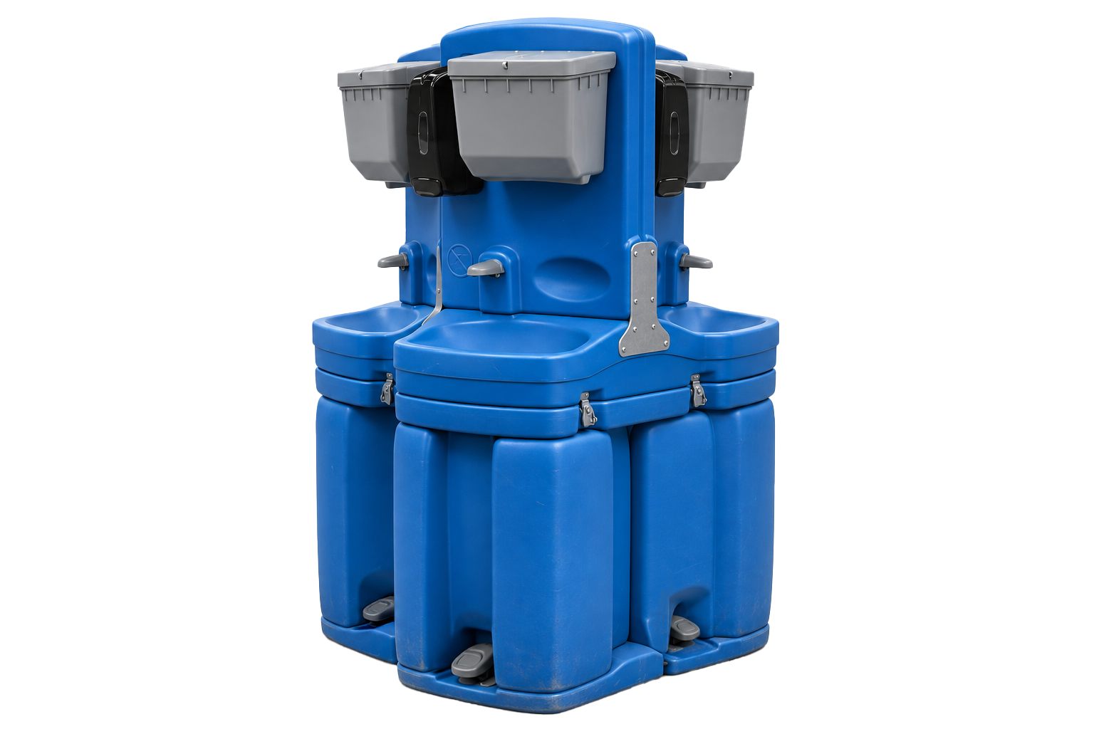 A four-user portable handwash tower with basins on each side