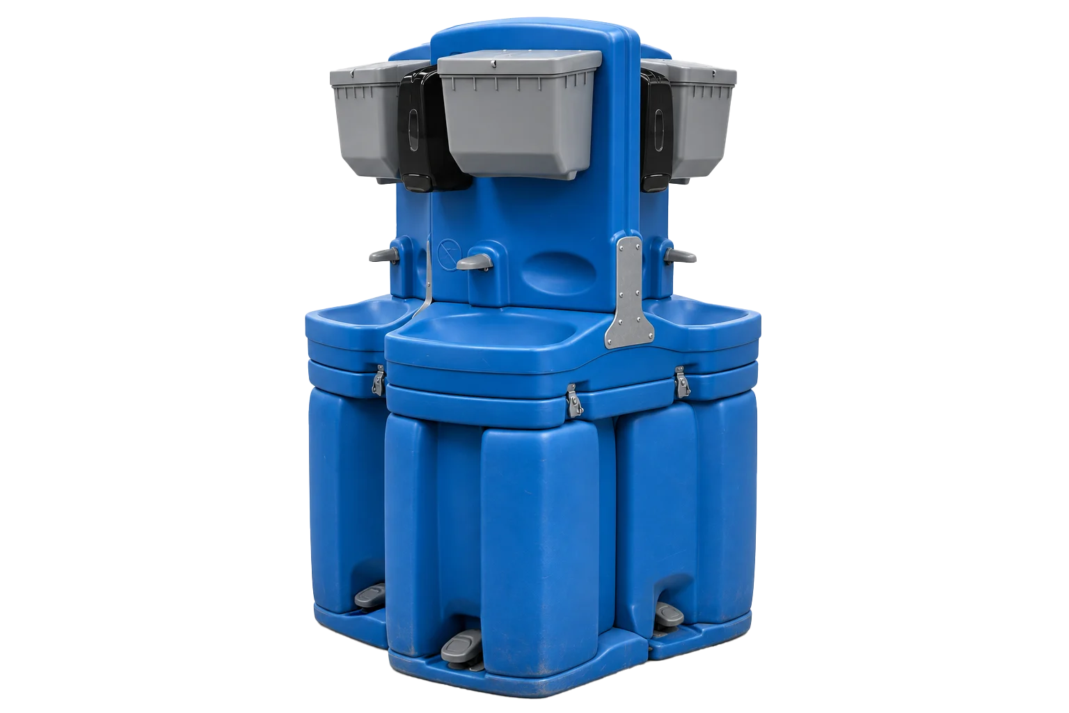 A four-user portable handwash tower with basins on each side