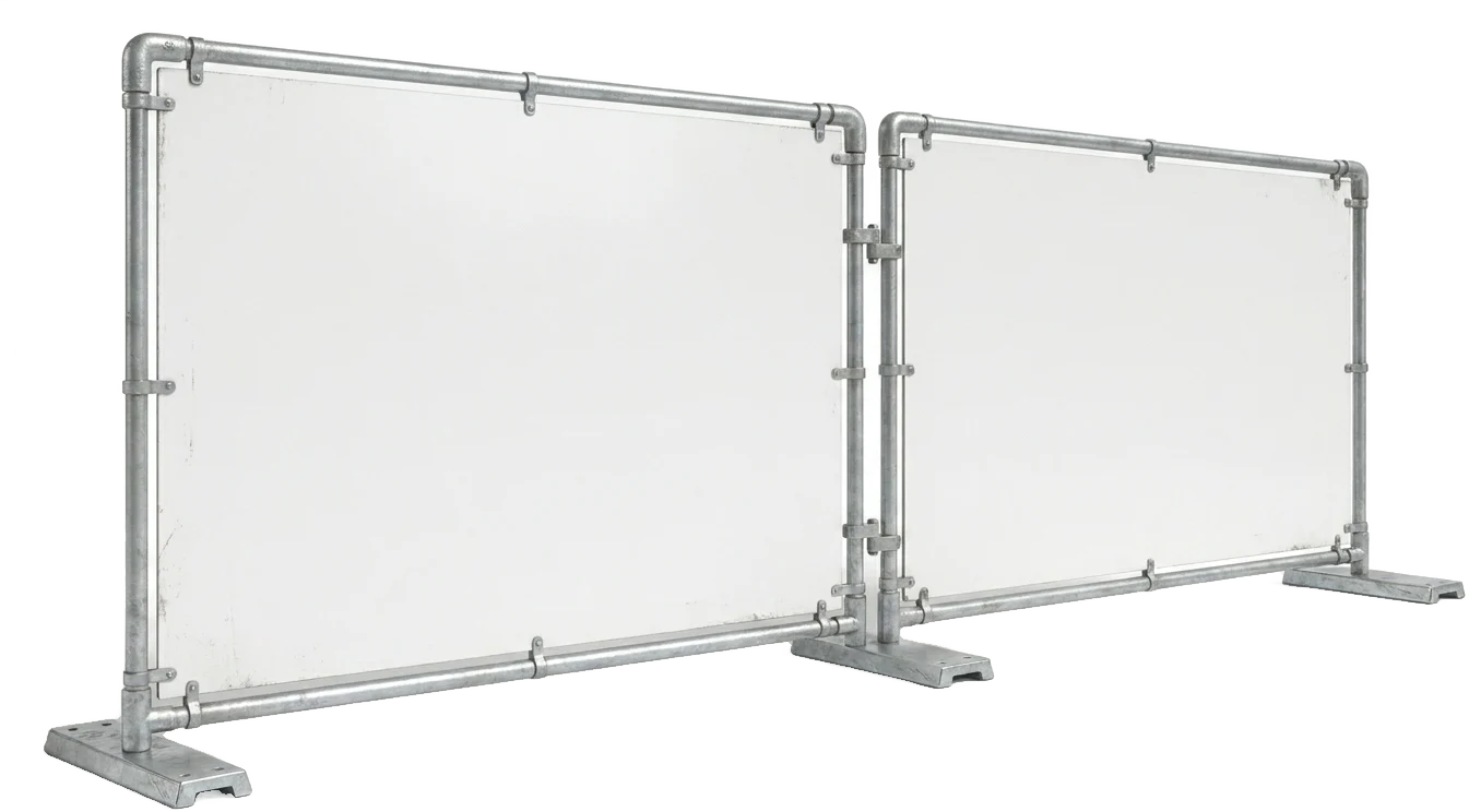 A solid hoarding privacy panel on a temporary fence base