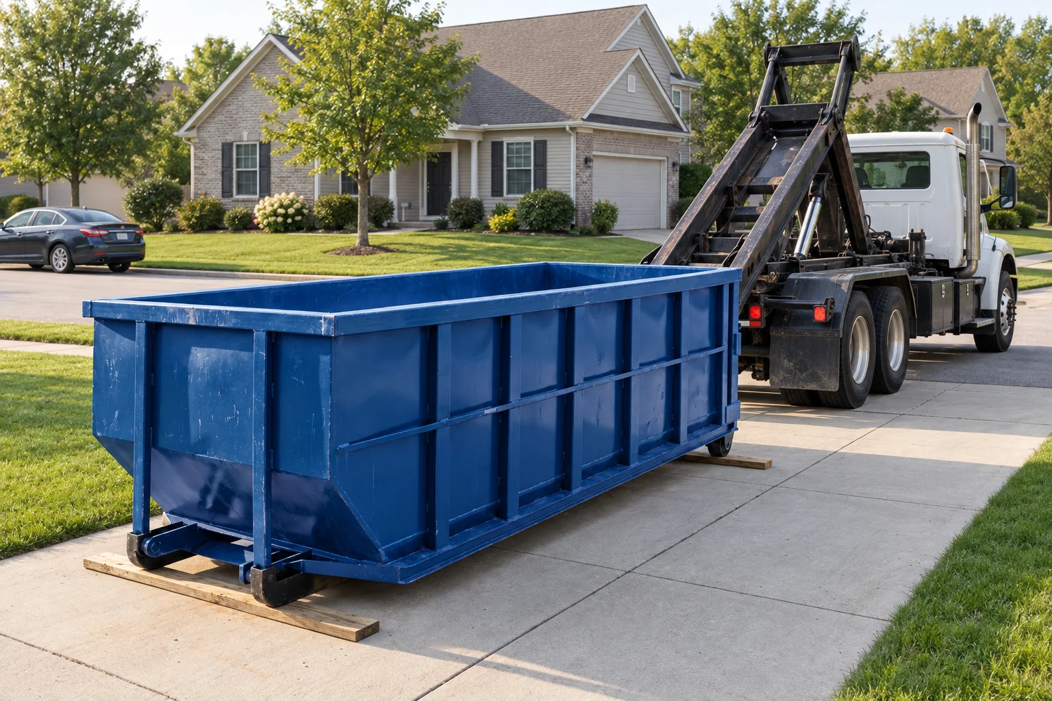 Roll-off truck delivering an LDR Site Services dumpster to a residential driveway