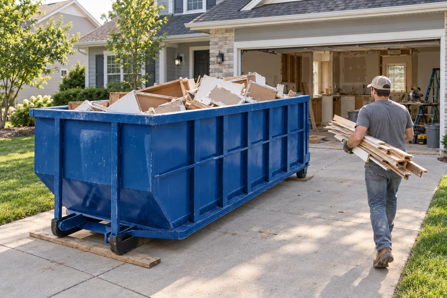 Homeowner carrying renovation debris to a dumpster during a rental period on a driveway