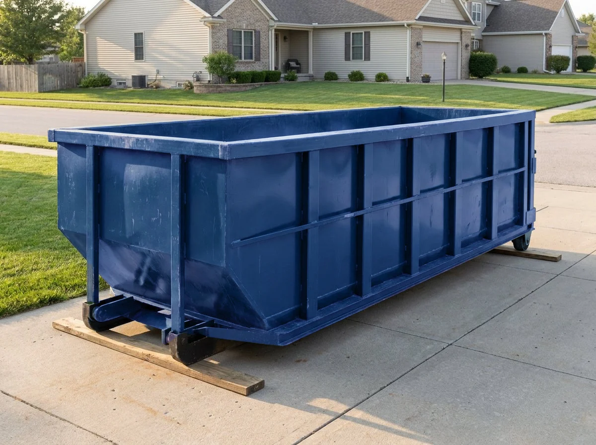 A roll-off container set square on the concrete driveway of a suburban house, boards under the rails and room to pass beside it.