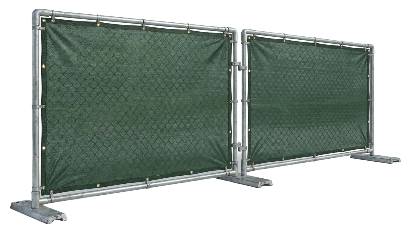 A chain-link fence panel fitted with a privacy windscreen