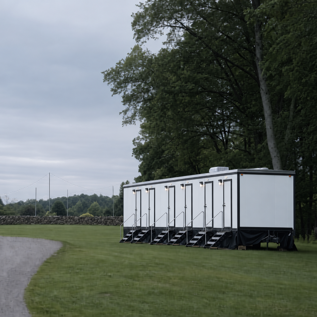 A towable restroom trailer set up at an outdoor event