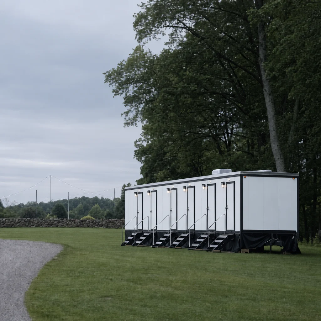 A towable restroom trailer set up at an outdoor event