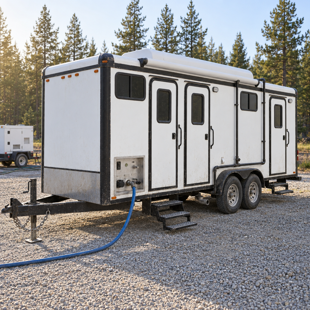 A trailer-mounted shower bank set up at a workforce camp